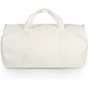 A white canvas duffel bag with two handles and a zip closure, featuring a logo on the side.