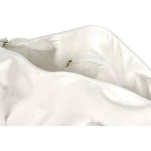 A white canvas duffel bag with a spacious interior and a small zipped pocket. It features a logo.
