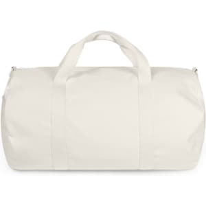 A white canvas duffel bag with two handles and a zip closure, featuring a logo.