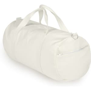 A light cream canvas duffel bag with a zippered pocket and dual handles. It has a simple, clean design.