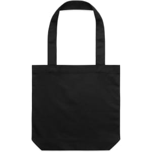 A black tote bag with two handles and a simple design, featuring a logo on the front.