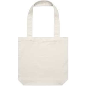 A light cream tote bag with two handles and a simple design. It features a logo on one side.