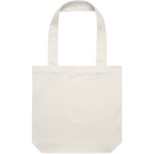 A neutral-coloured tote bag with two long handles, featuring a minimalist design and a logo on the front.