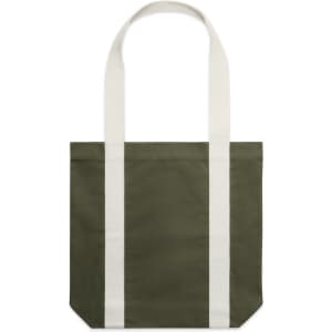 A two-tone tote bag featuring an olive green body and cream handles, with a logo on the side.
