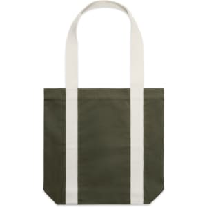 A two-tone tote bag in olive green with white shoulder straps and a simple design. It features a logo on the front.