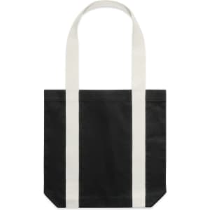 A two-tone tote bag featuring black fabric with cream-coloured stripes and sturdy handles. It includes a logo.