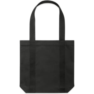 A black tote bag with long handles and a structured base, featuring a logo. Suitable for various uses.