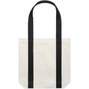 A two-tone tote bag in cream with black straps. It features a logo on the front.