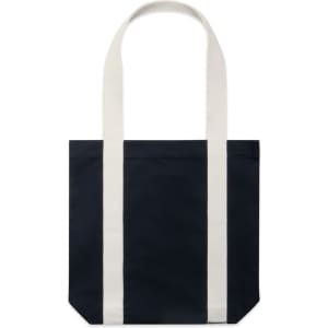 A navy tote bag with white stripes and handles, featuring a simple design and a branding logo.