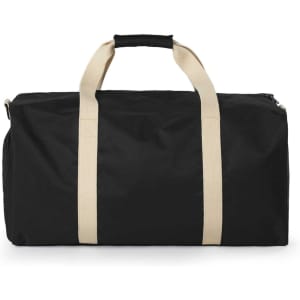 A black duffle bag with cream-coloured straps and a zip closure. It features a logo on one side.
