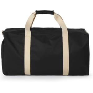 A black duffle bag with light beige handles and a logo, featuring a zip closure and a spacious design.