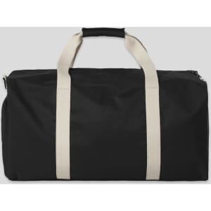 A black duffle bag with cream handles and a zipper, featuring a logo on the side.
