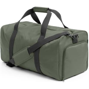 A green duffle bag with dual handles and a detachable strap, featuring a zippered main compartment and a small side pocket.