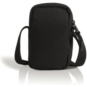 A black recycled camera bag with a zip closure and an adjustable shoulder strap. It includes a branding logo.