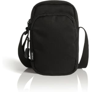 A black recycled camera bag with a zippered front pocket and an adjustable shoulder strap. It features a logo.