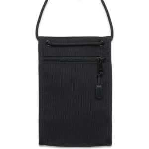 A black recycled phone bag featuring a front zip pocket and an adjustable strap. It has a small logo.