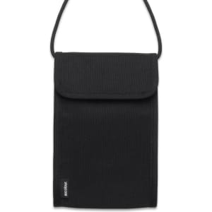 A black recycled phone bag with a flap closure and adjustable strap, featuring a logo.