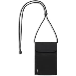 A black recycled phone bag with a drawstring strap, featuring a flap closure and branding.