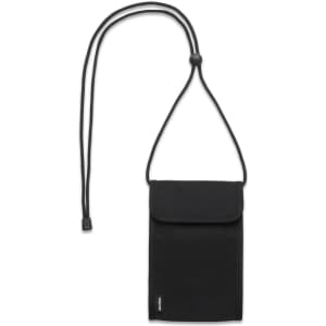 A black recycled phone bag with a drawstring neck strap and a flap closure. It features a logo.