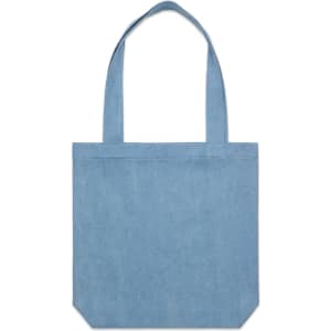 A light blue denim tote bag with two shoulder straps and a plain design. It features a logo on the side.