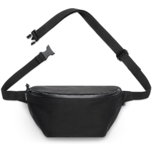 A black recycled waist bag with an adjustable strap and a zippered compartment, featuring a logo.
