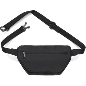 A black waist bag with an adjustable strap and a zippered front pocket. It features a logo on the material.