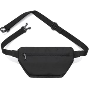 A black waist bag with an adjustable strap and a front zipper pocket, featuring a logo.