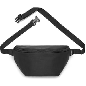 A black bum bag with an adjustable strap and a buckle closure, featuring a simple design and a logo.