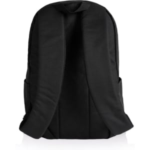 A black backpack featuring padded shoulder straps and side pockets, with a logo on the front.