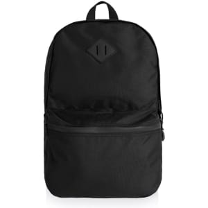A black backpack featuring a front zipper pocket and a logo detail. Simple and versatile design.