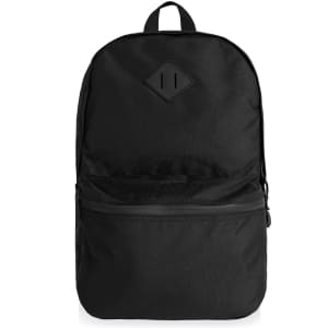 A black backpack featuring a front pocket, a hanging loop, and a logo on the front panel.
