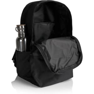A black backpack with an open flap, featuring a silver drink bottle in a side pocket. It has a logo.