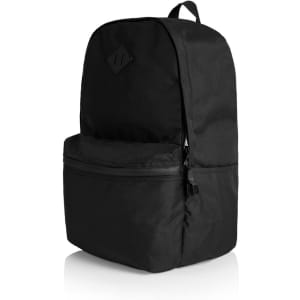 A black backpack featuring a zippered front pocket and a logo on the front.