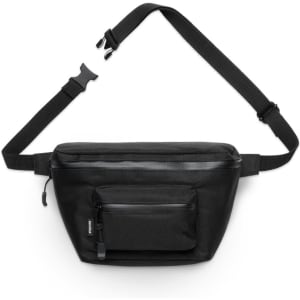 A black recycled pocket waist bag with an adjustable strap and a front zipper pocket, featuring a logo.