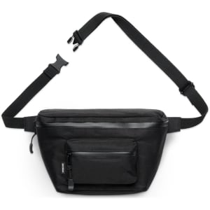 A black recycled pocket waist bag with an adjustable strap and a front zippered pocket. It features a logo.