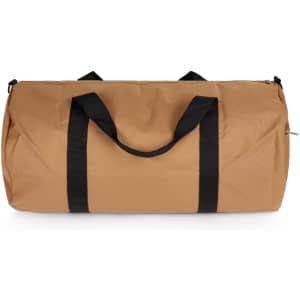A tan duffel bag with black handles, featuring a simple design and a logo on one side.