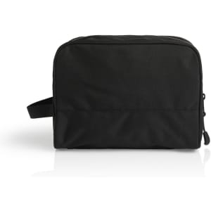 A black recycled toiletry bag with a zip closure and a side handle. It features a subtle logo on the front.