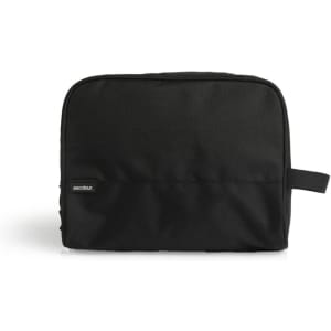 A black recycled toiletry bag with a fabric loop and a small logo, suitable for personal items.