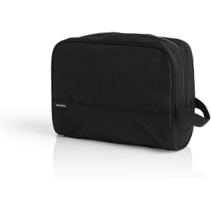 A black toiletry bag with a side handle and a logo, featuring a rectangular design and zip closure.