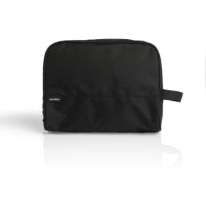 A black toiletry bag with a compact design, featuring a handle and a logo.