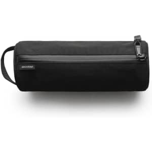 A black recycled stationery bag with a zip closure and side handle, featuring a minimal logo.