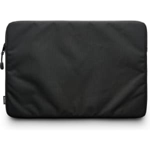 A black recycled laptop sleeve with a smooth finish, featuring a zip closure and a logo.