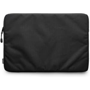 A black recycled laptop sleeve with a zip closure and a subtle texture. Features a logo on the side.
