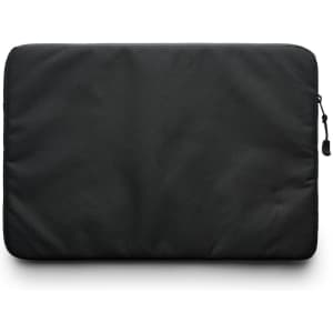 A black recycled laptop sleeve with a zipper. It has a simple, sleek design and an embedded logo.