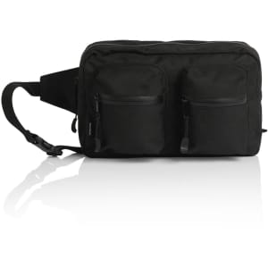 A black recycled double waist bag featuring two front zip pockets and an adjustable strap. It has a logo.