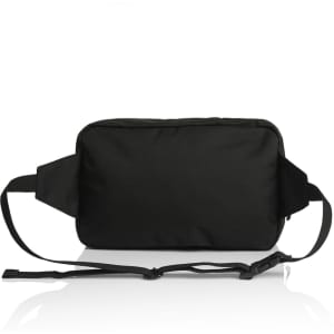 A black recycled double waist bag with an adjustable strap and a logo. The bag has a sleek, minimalist design.