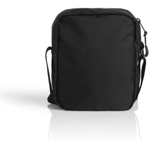 A black recycled transit bag with a shoulder strap and a zip closure, featuring a logo.