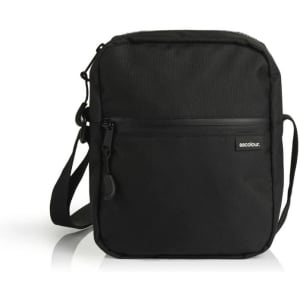 A black recycled transit bag with a shoulder strap and front zip pocket, featuring a logo.
