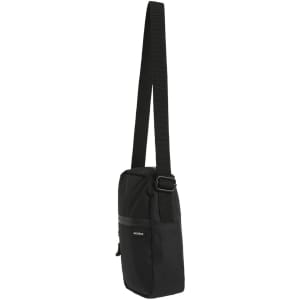 A black recycled transit bag with a shoulder strap and a front zip pocket, featuring a logo.