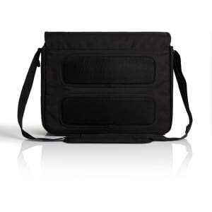 A black recycled messenger bag with mesh pockets and an adjustable shoulder strap. It has one logo.